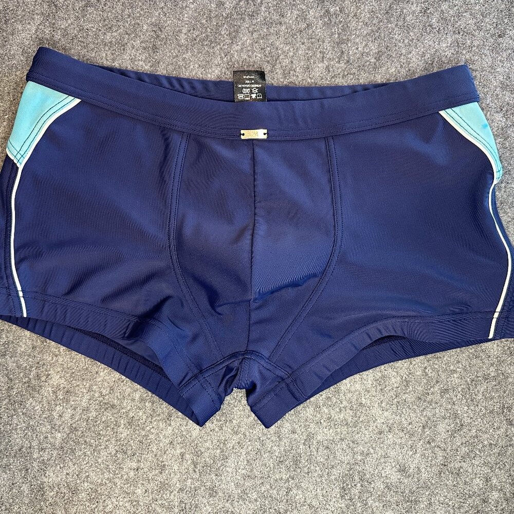 JJMalibu Men’s Swim Trunks – Size XL – Navy Blue with Aqua Accents